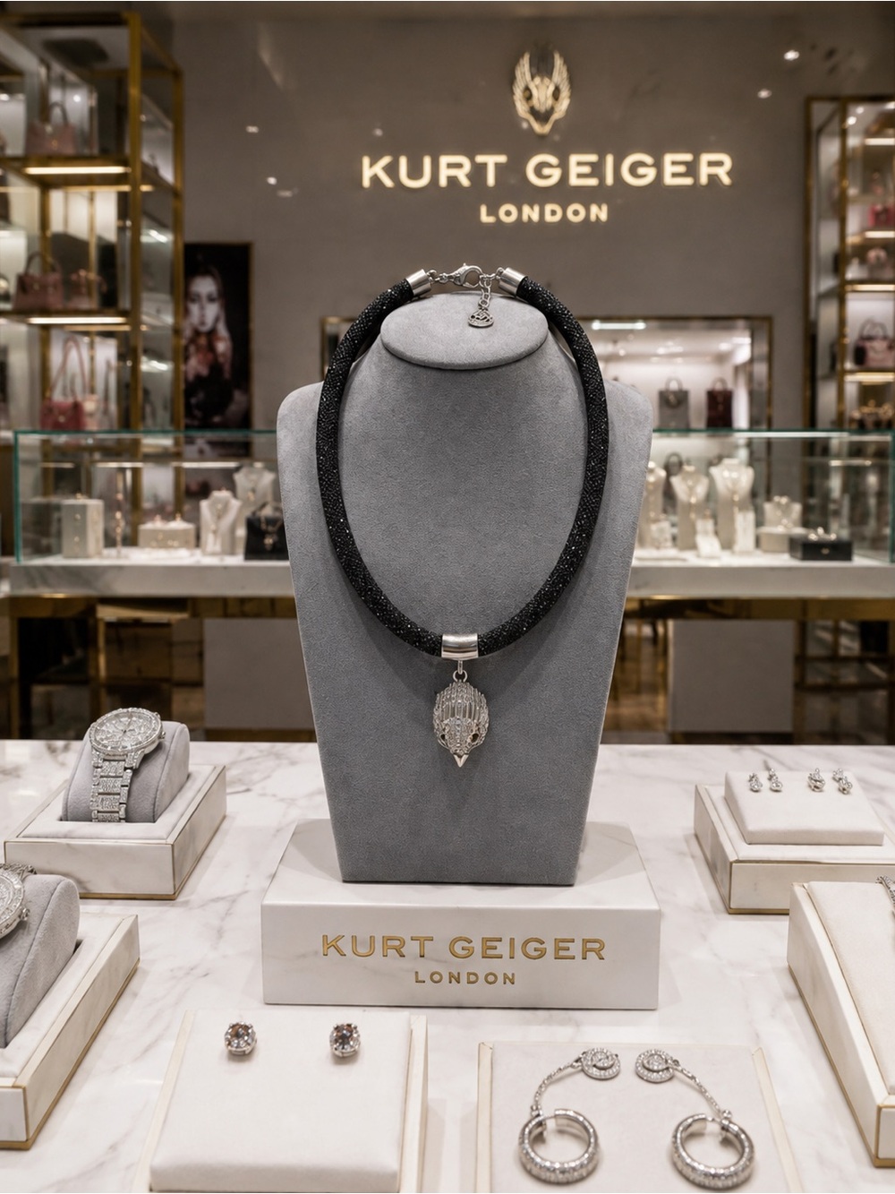 Kurt Geiger Black Crystal Rope Necklace with Silver Charm